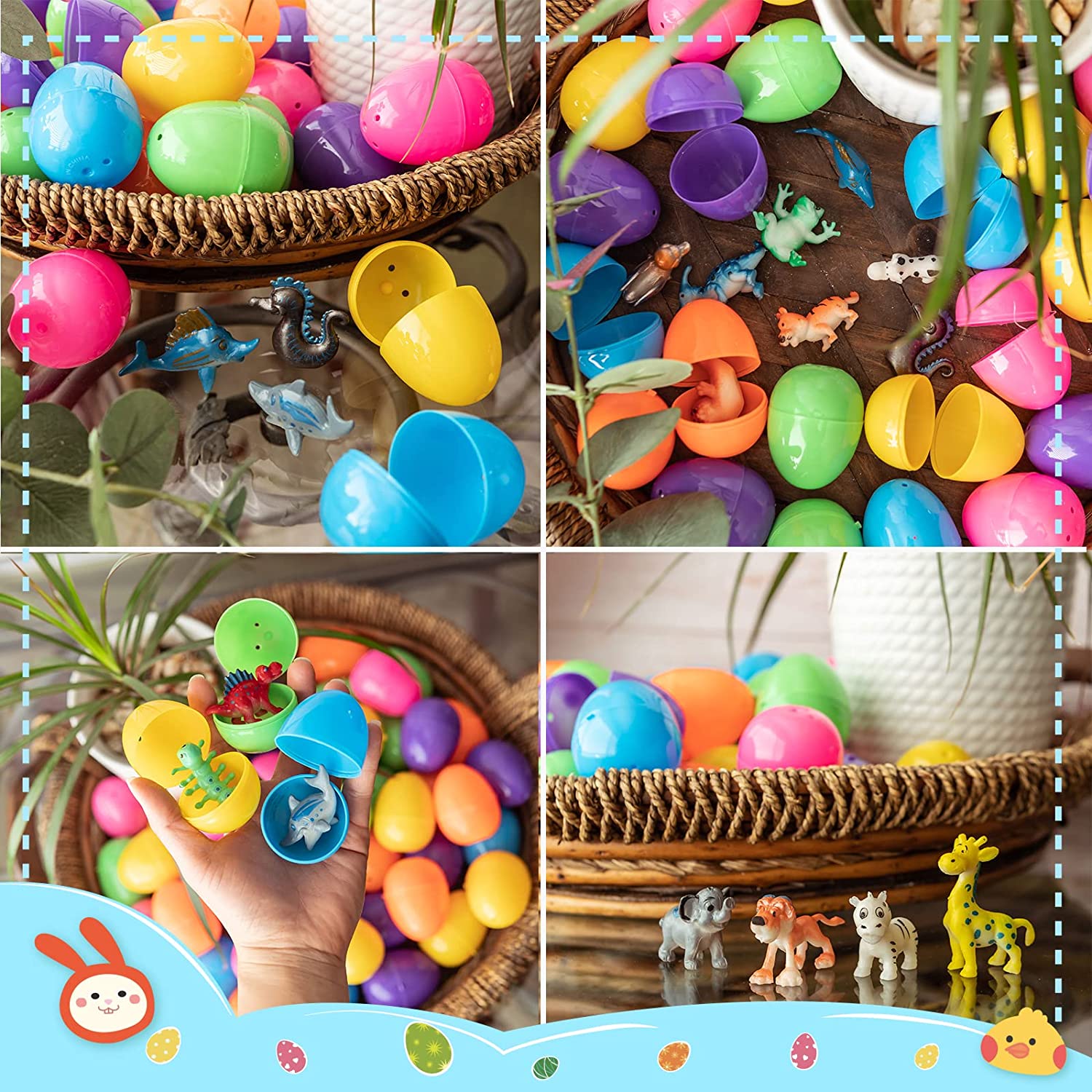 Fun Little Toys 48 Pcs Easter Eggs Filled with Mini Animals, Bright Colorful Easter Eggs Prefilled with Animal Toys for Easter Basket Stuffers, Easter
